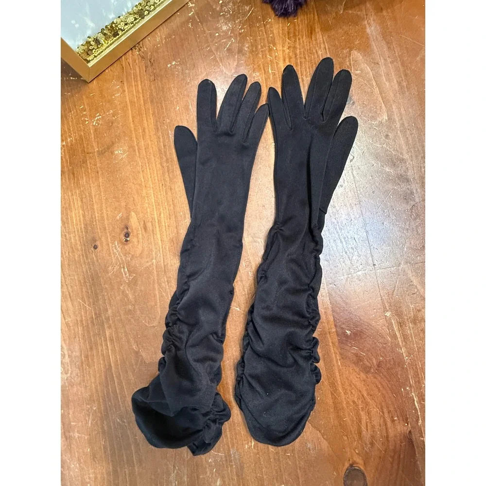 Vintage Black Opera Length Ruched Evening Gloves Matte Formal Wedding Costume
